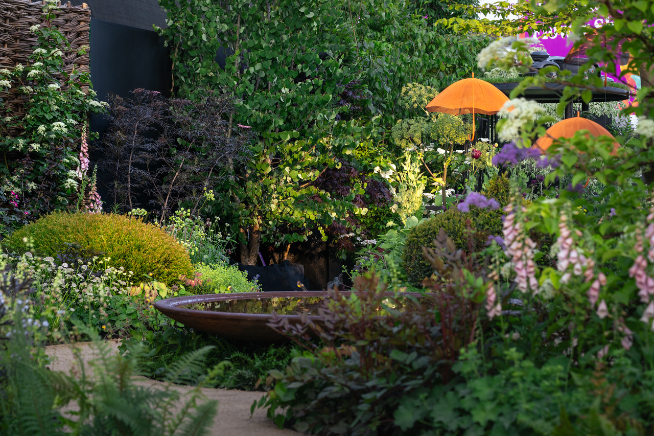A picture of the ADHD Foundation Garden at Chelsea Flower show, including wire umbrella scupltures and different plants