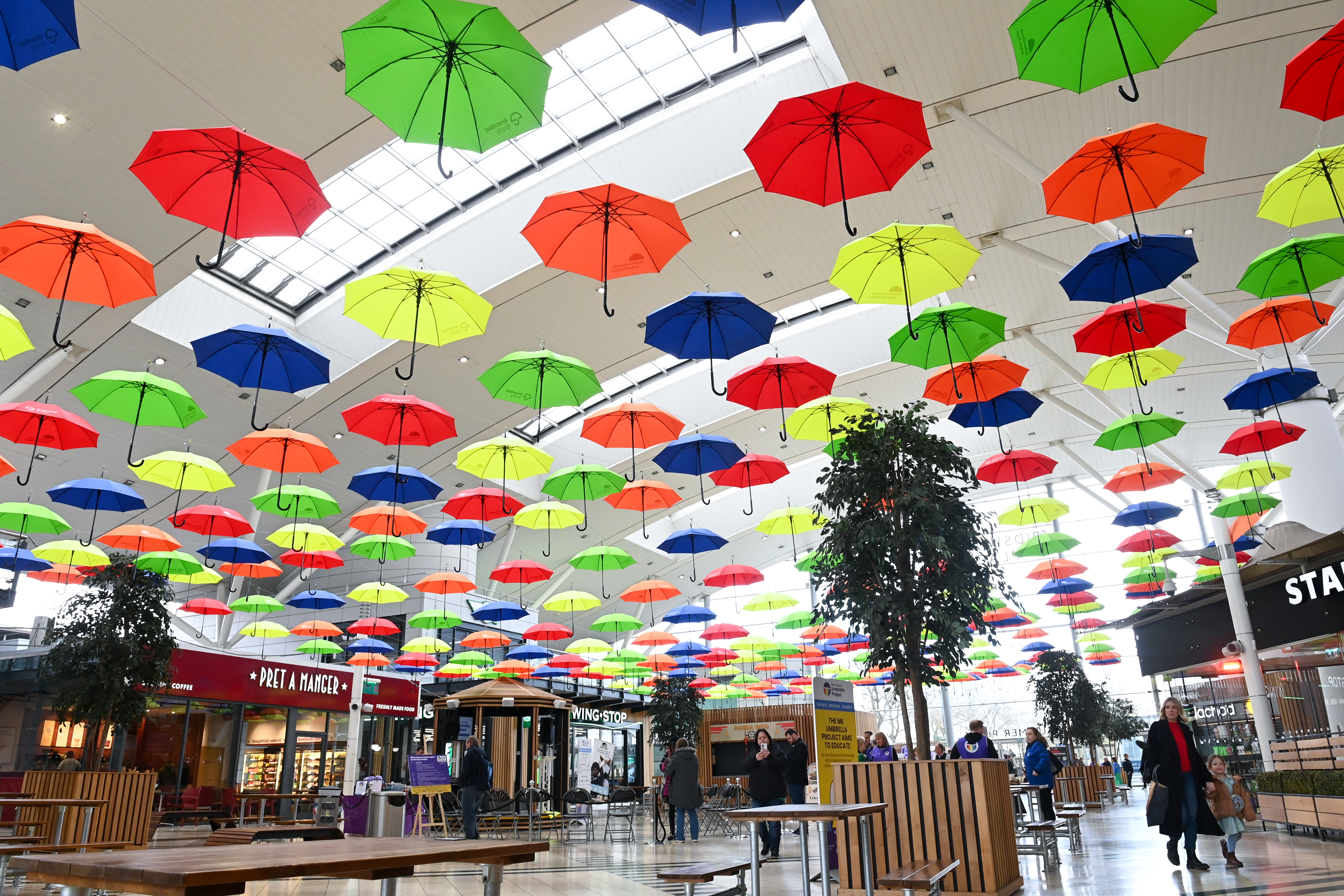 Hundred of Umbrellas across the roof of Midsummer Place in Milton Keynes as people do their shopping