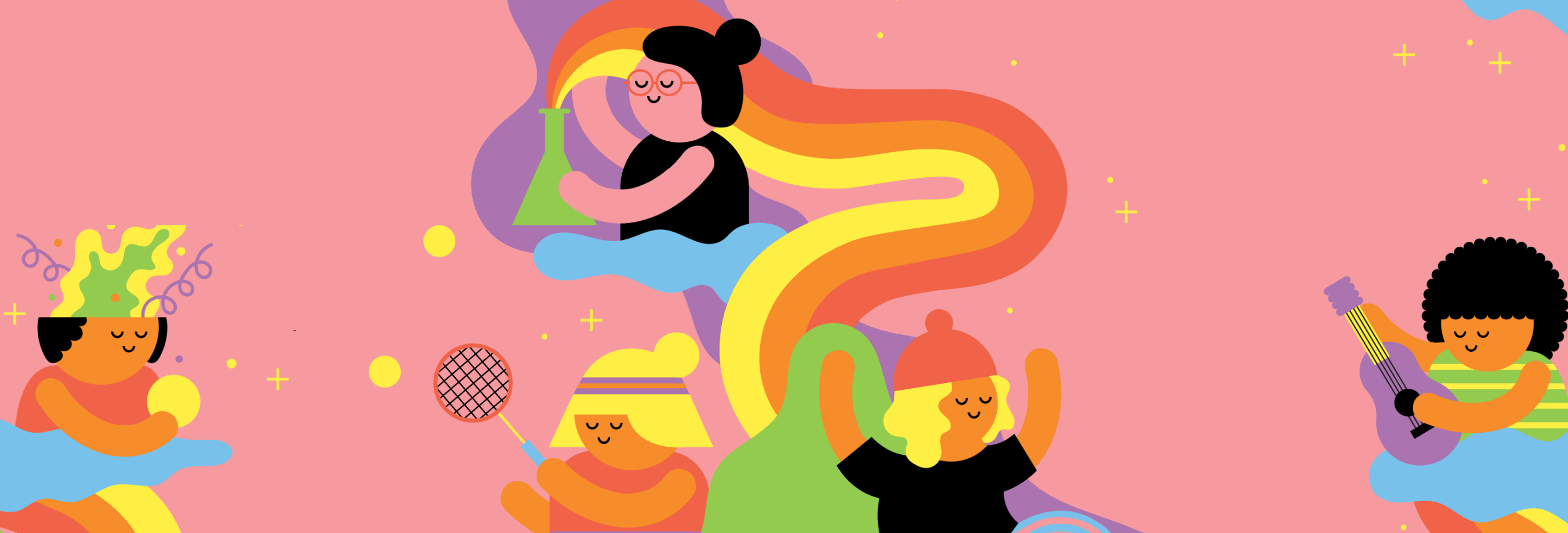 Illustration of young people doing various activities. Taken from a page in Stories that never stand still.