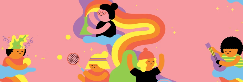 Illustration of young people doing various activities. Taken from a page in Stories that never stand still.