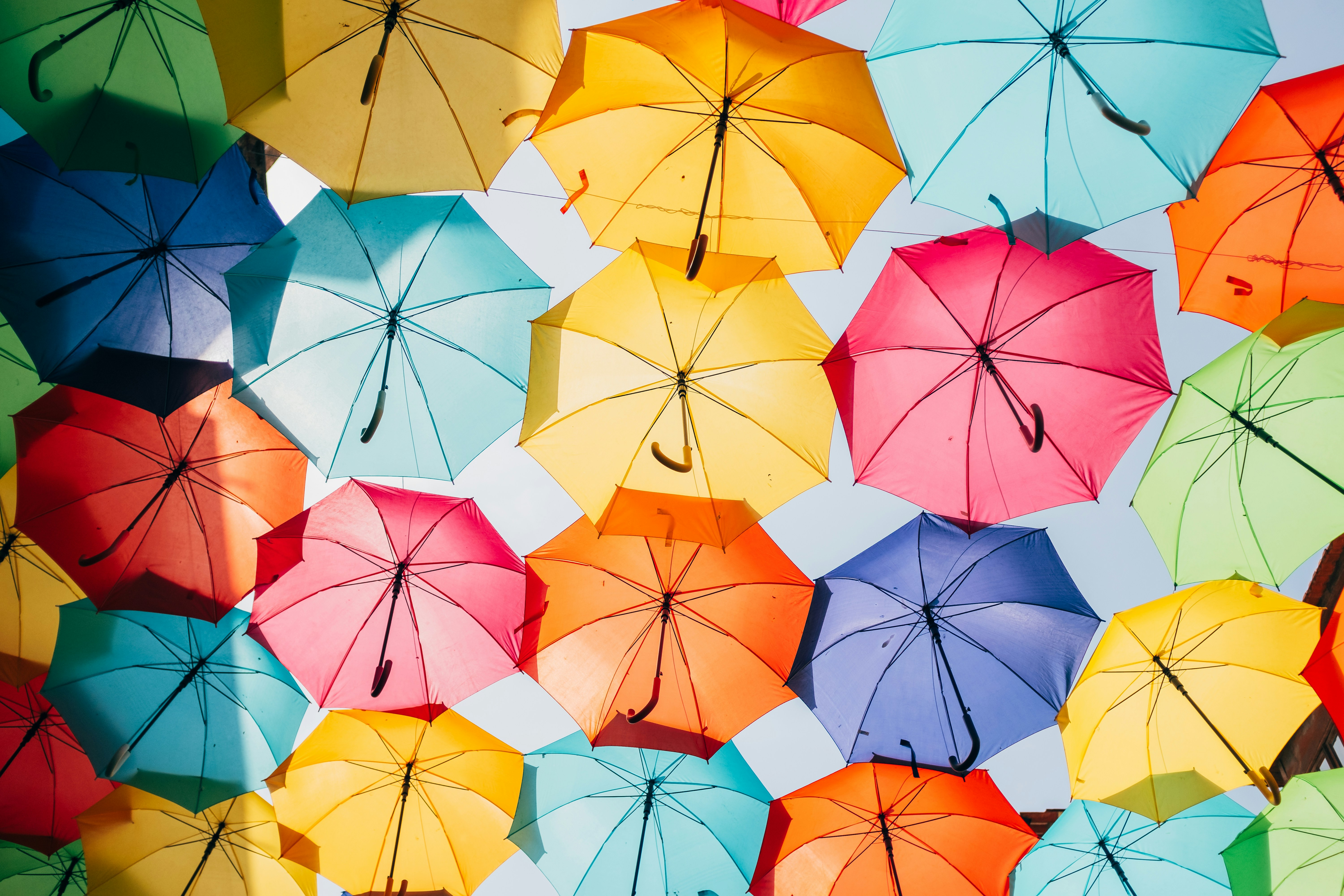 Assorted coloured umbrellas are part of an installation