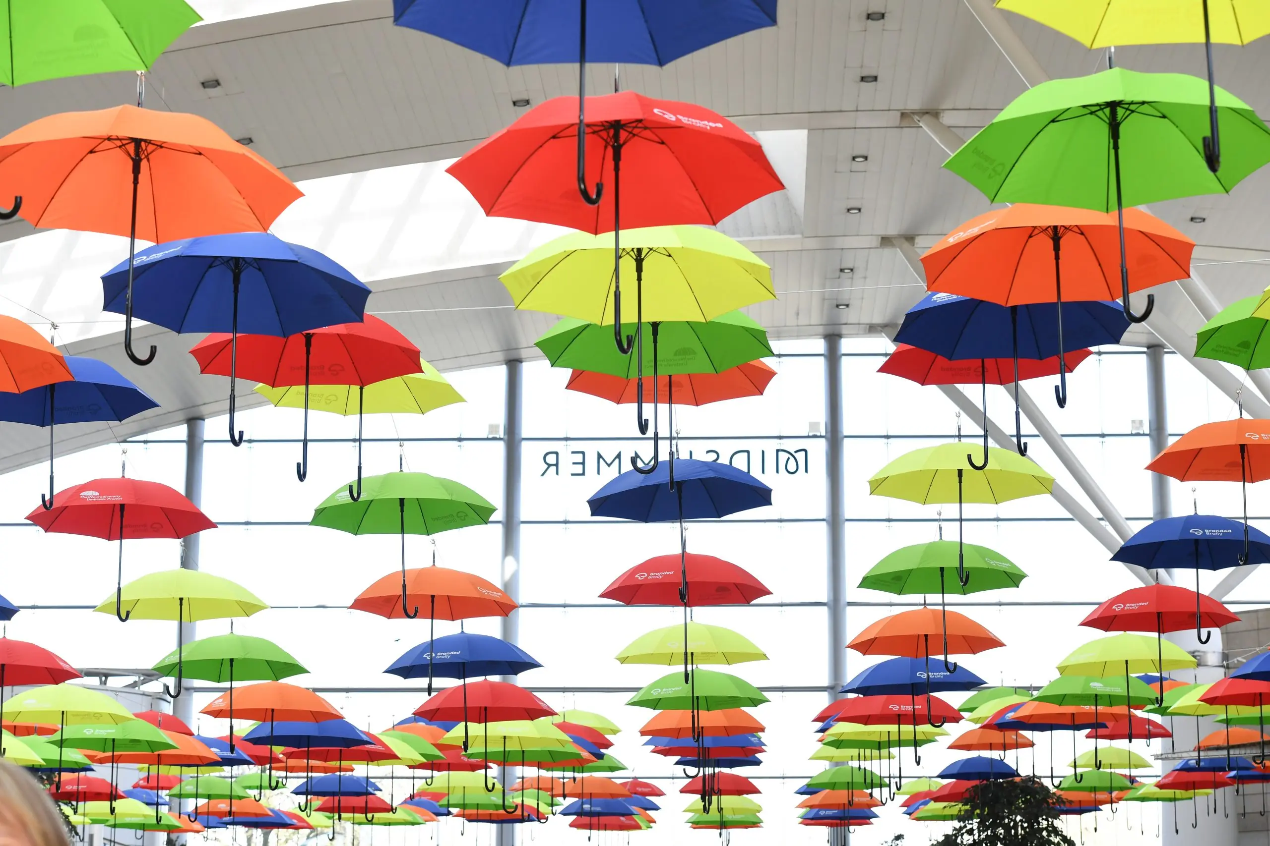 400 colourful umbrellas suspended in Milton Keynes Midsummer Place Shopping Centre