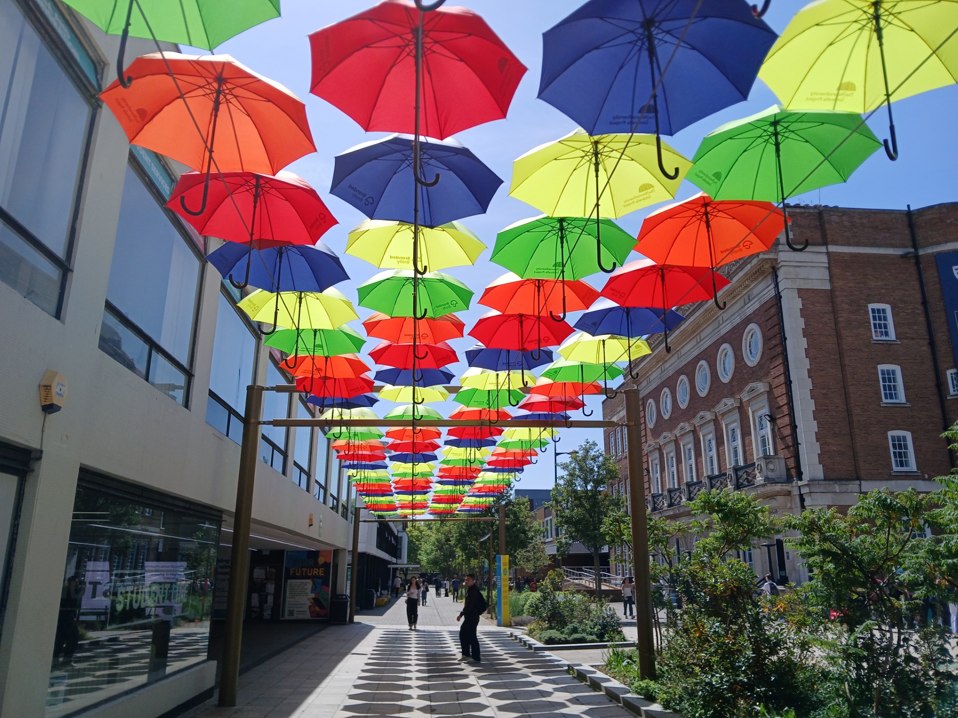 colourful outdoor umbrella project display at university of liverpool